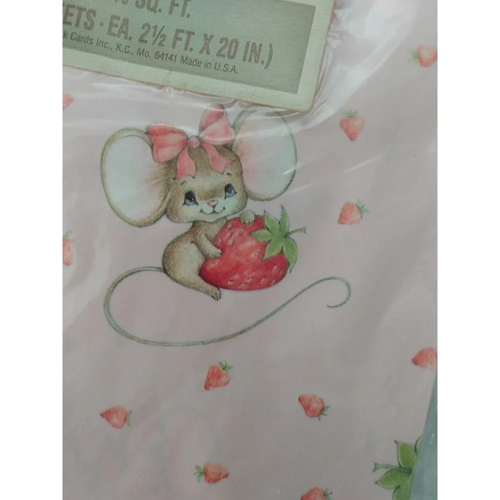 Vintage Hallmark Gift Wrap Paper Baby Shower Strawberry Mouse Pink Mice USA